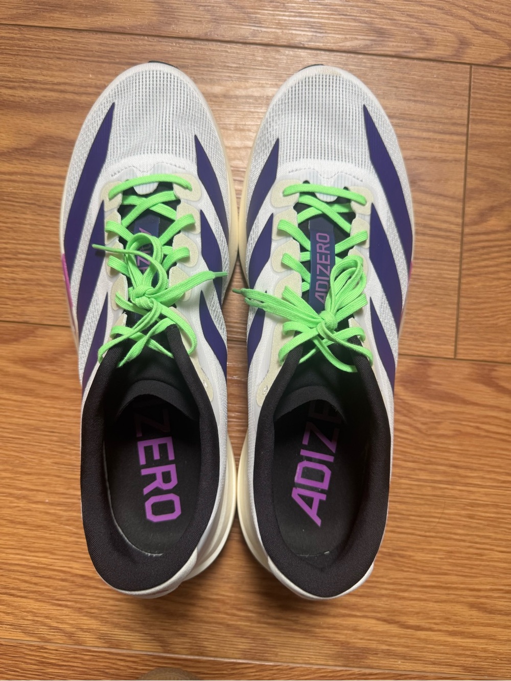 Adizero Evo SL White with Purple Stripes and Neon Green Laces